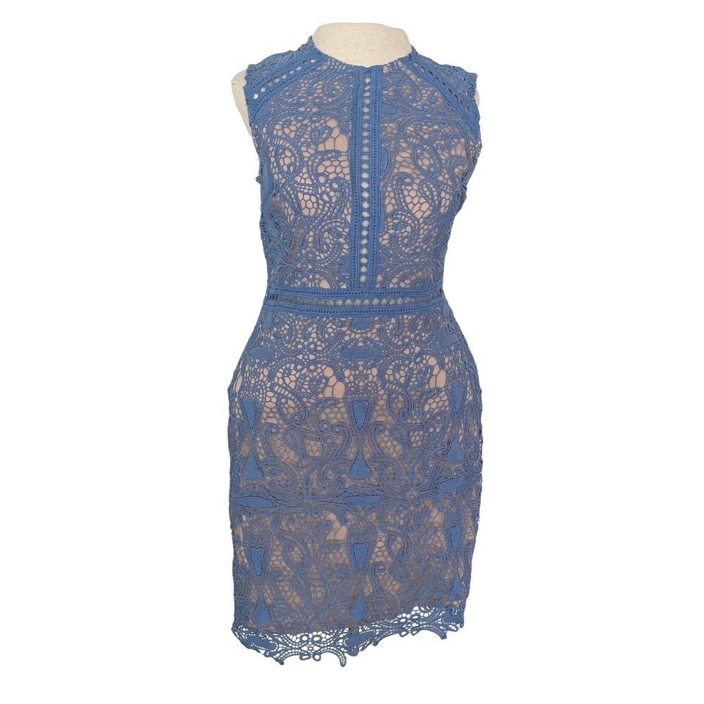 INA Crochet Blue‎ Mini/Knee Length Dress Size Medium Cutout Waist And Chest